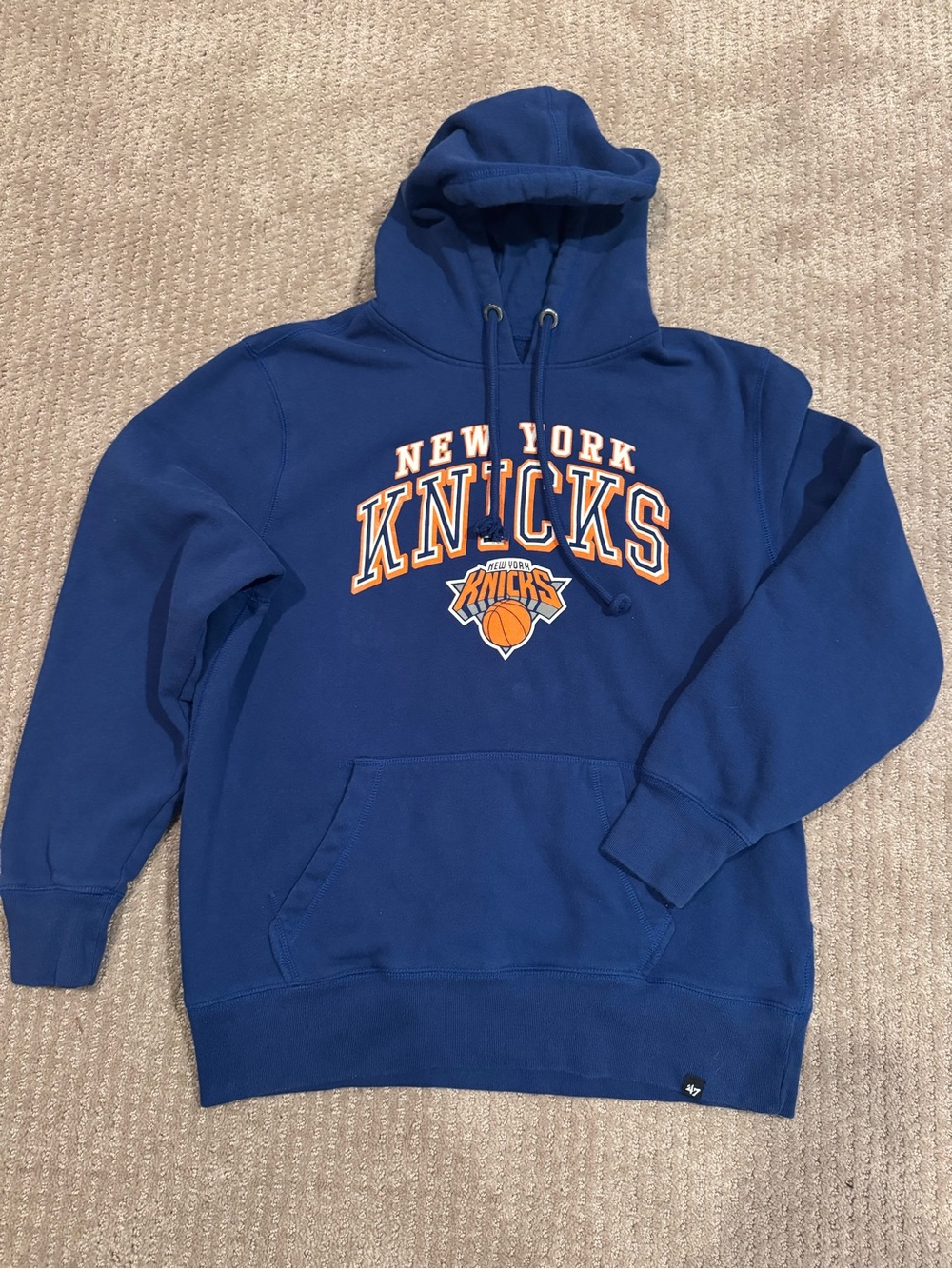 47 Brand New York Knicks Royal Blue Hoodie with Orange Lettering